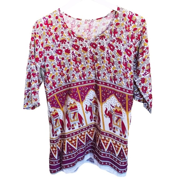 BOHO Vintage Floral Elephant TUNIC/TOP With 3/4 Length Sleeves Red/Purple Small - Picture 1 of 10